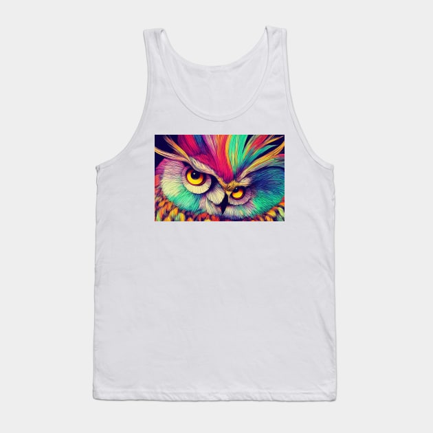 Colorful Abstract Owl Portrait Illustration - Bright Vibrant Colors Bohemian Style Feathers Psychedelic Bird Animal Rainbow Colored Art Tank Top by JensenArtCo